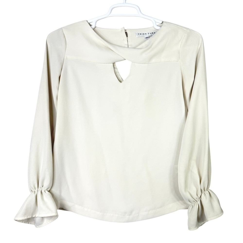 Trina Turk Akayo Keyhole Blouse Long Sleeve Ruffle Cuff Cream Feminine Top XS - Picture 3 of 12